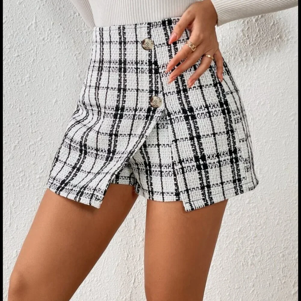NEW! Frenchy Plaid Skort‎ Tweed Mini Skirt Black & White Zipper Size 2 Polyester